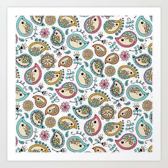 Hedgehog Paisley_Colors and White Art Print