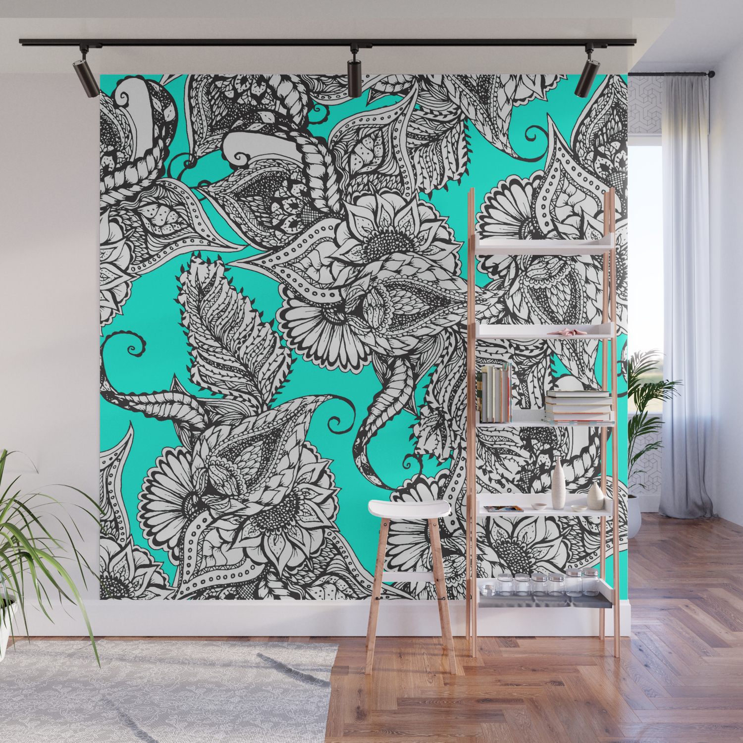 Boho Black White Hand Drawn Floral Doodles Pattern Turquoise Wall Mural