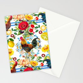 Rooster,farm,birds ,citrus,lemons,folklore pattern  Stationery Card