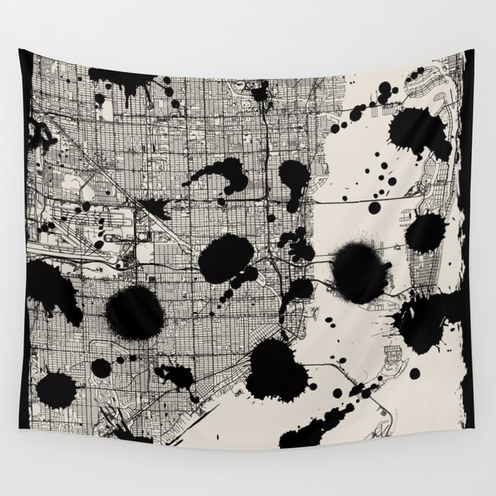 Artistic Miami Map - Black and White Wall Tapestry