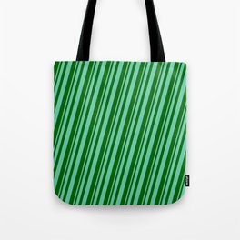 [ Thumbnail: Aquamarine and Dark Green Colored Pattern of Stripes Tote Bag ]