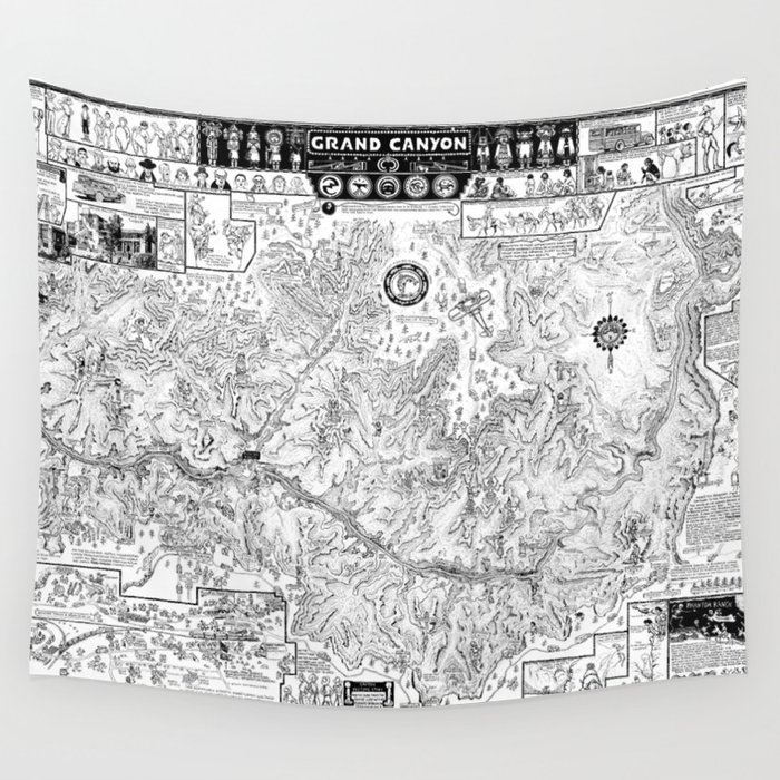 1931 Vintage Illustated Map of the Grand Canyon Wall Tapestry