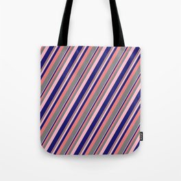 [ Thumbnail: Light Coral, Gray, Pink & Midnight Blue Colored Stripes Pattern Tote Bag ]