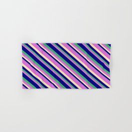 [ Thumbnail: Blue, Sea Green, Orchid, and Beige Colored Striped/Lined Pattern Hand & Bath Towel ]