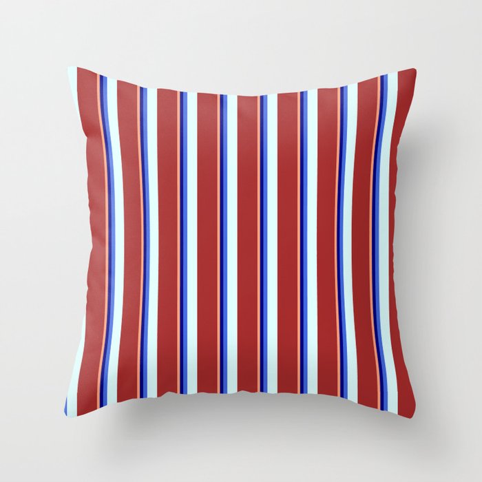 Eyecatching Light Salmon, Blue, Royal Blue, Light Cyan, and Brown Colored Lined/Striped Pattern Throw Pillow