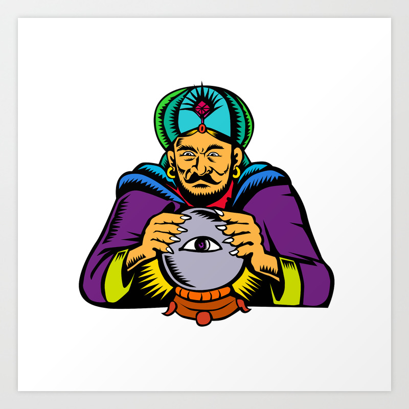 Fortune Teller With Crystal Ball Woodcut Art Print By Patrimonio
