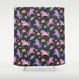 Space Unicorns - Neon Rainbow on Black Shower Curtain