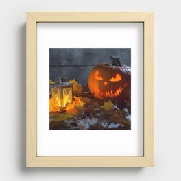 Spooky Jack O Lantern Among Dried Leaves on Wooden Fence Recessed Framed Print