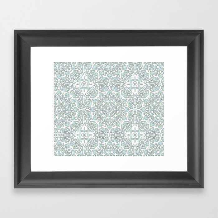 Turquoise Teal Faux Glitter Ornamental Pattern Framed Art Print