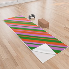 [ Thumbnail: Orchid, Green & Red Colored Stripes/Lines Pattern Yoga Towel ]