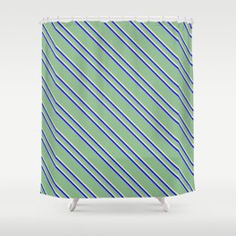 [ Thumbnail: Dark Sea Green, Pale Goldenrod, and Blue Colored Striped Pattern Shower Curtain ]