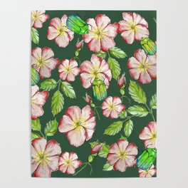 Contemporary watercolor pattern of tea rose and beetles Poster