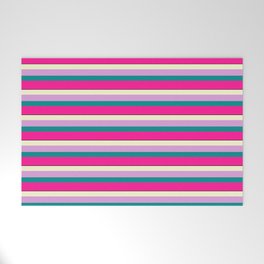 [ Thumbnail: Colorful Light Yellow, Plum, Dark Cyan, Deep Pink & Black Colored Lined Pattern Welcome Mat ]