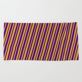 [ Thumbnail: Goldenrod & Indigo Colored Stripes/Lines Pattern Beach Towel ]