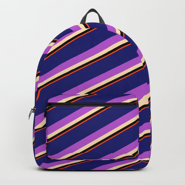 Vibrant Midnight Blue, Orchid, Beige, Black, and Red Colored Striped/Lined Pattern Backpack