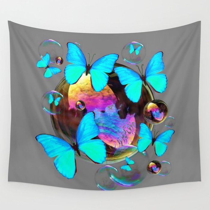 ABSTRACT NEON BLUE BUTTERFLIES & SOAP BUBBLES GREY COLOR Wall Tapestry