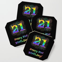 [ Thumbnail: 21st Birthday - Fun Rainbow Spectrum Gradient Pattern Text, Bursting Fireworks Inspired Background Coaster ]