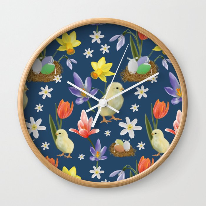Colorful pattern with easter chicks, easter nests, tulips, daffodils, crocuses, wood anemones Wall Clock