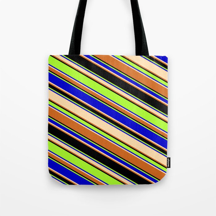 Colorful Light Green, Blue, Tan, Chocolate & Black Colored Lines/Stripes Pattern Tote Bag