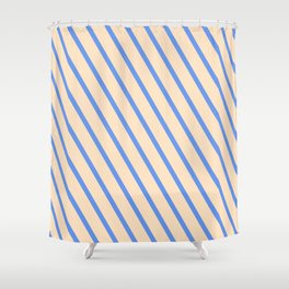 [ Thumbnail: Cornflower Blue & Bisque Colored Pattern of Stripes Shower Curtain ]