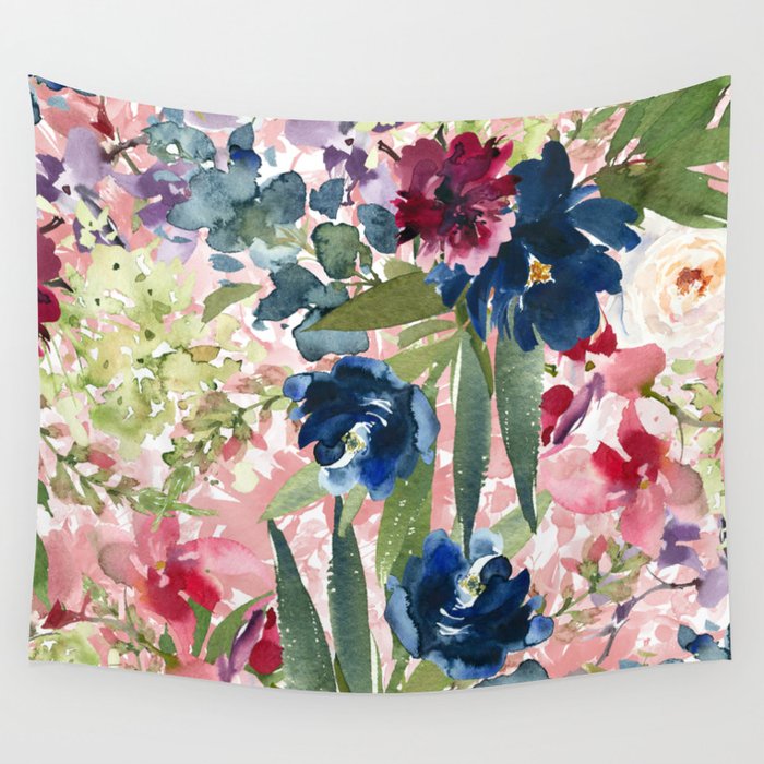 Watercolor pink navy blue burgundy mint floral Wall Tapestry by