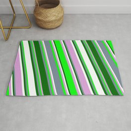 [ Thumbnail: Vibrant Plum, Lime, Light Slate Gray, Dark Green & White Colored Lines/Stripes Pattern Rug ]