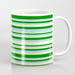 [ Thumbnail: Light Yellow, Green, and Light Blue Colored Lined/Striped Pattern Coffee Mug ]