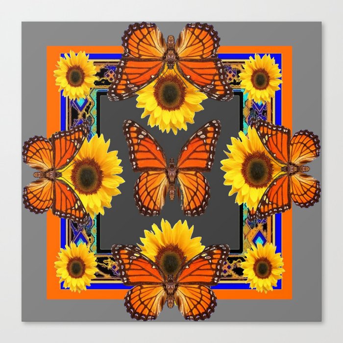 Western Grey & Orange Monarch Butterflies  sunflower Patterns Art For t Canvas Print