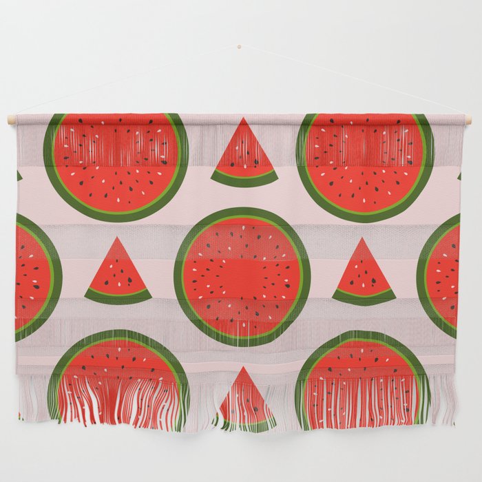 slices of red watermelon on a pink background Wall Hanging