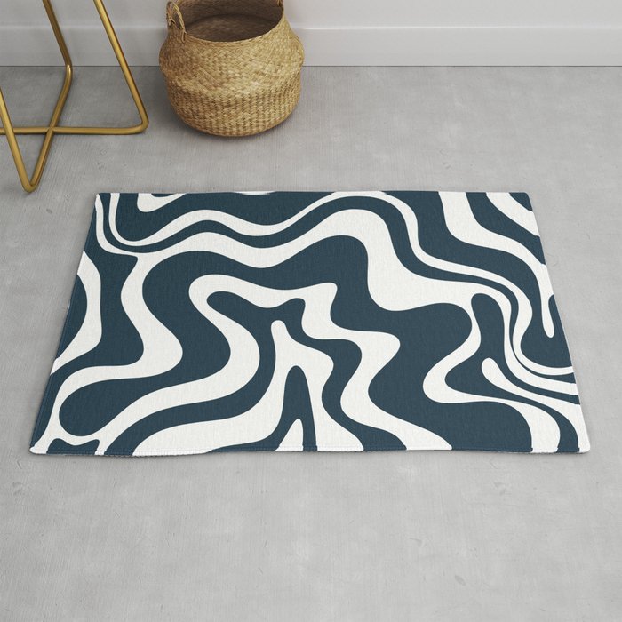 Liquid Swirl Abstract Pattern in Navy Blue and White Rug