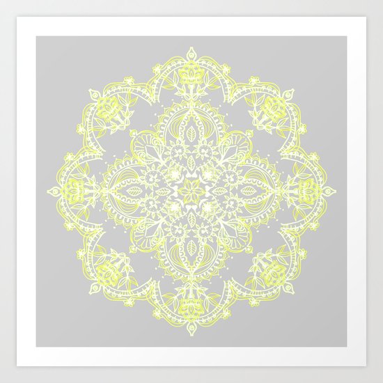 Pale Lemon Yellow Lace Mandala on Grey Art Print