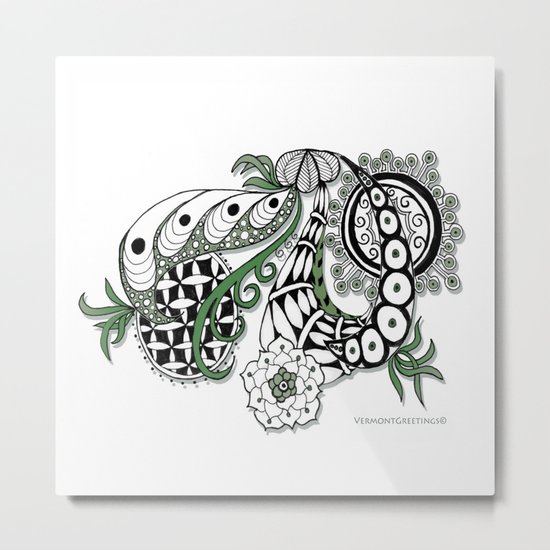 Zentangle Design - Black, White and Sage Illustration Metal Print