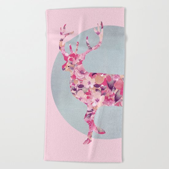 Flower Deer and circle pastel blue pink colors Beach Towel