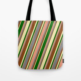[ Thumbnail: Colorful Grey, Brown, Pale Goldenrod, Dark Green & Dark Salmon Colored Lined/Striped Pattern Tote Bag ]