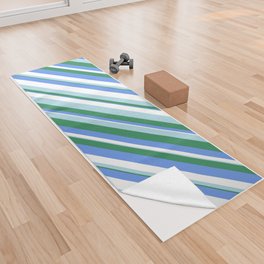 [ Thumbnail: Sea Green, Cornflower Blue, White & Light Blue Colored Striped/Lined Pattern Yoga Towel ]