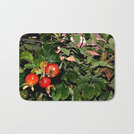  Rose Hips by the Sea, at Sunset (Wild Fresh, Bright and Ripe) Bath Mat | Green, Rose, Plant, Photo, Danbythesea, Red, Rosehip, Wild, Festive, Garden 