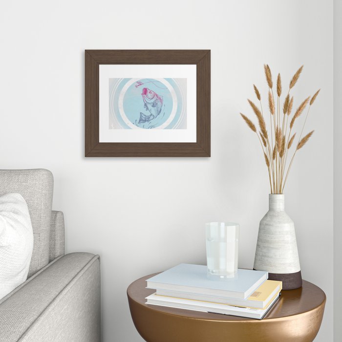 Largemouth Bass Jumping Out Of Water In Blue Circle // Spinner Lure //  Splashing Water // Fish On! Framed Art Print by Craig Reese Design