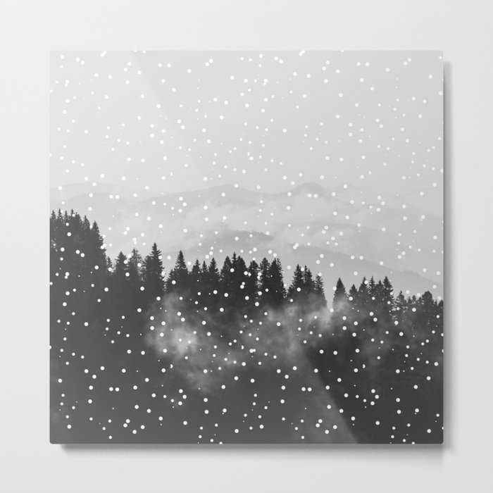 Mountains pine tree forest snow fog landscapes  Metal Print