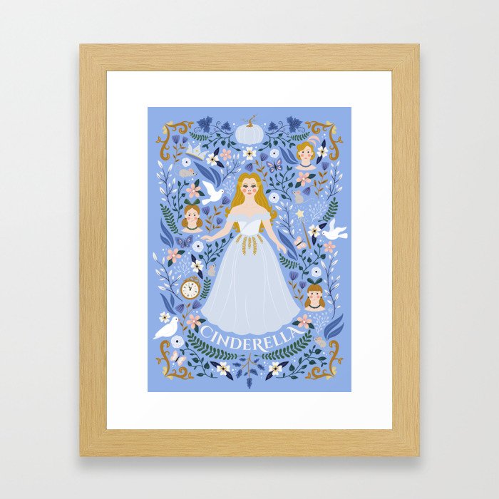 Princess Fairy tale Illustration Framed Art Print | Graphic-design, Digital, Fairy-tale, Magical, Pumpkin, Princess, Flowers, Mouse, Dove, Stepsister