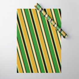 [ Thumbnail: Goldenrod, Tan, Forest Green, and Black Colored Striped/Lined Pattern Wrapping Paper ]