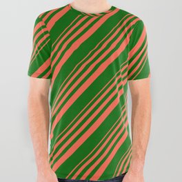 [ Thumbnail: Red and Dark Green Colored Stripes Pattern All Over Graphic Tee ]