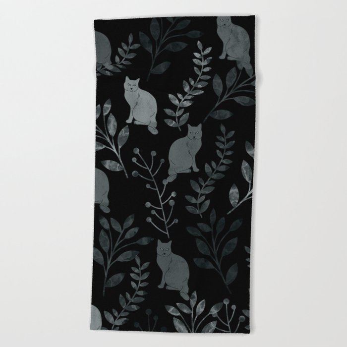 Watercolor Floral and Cat III Beach Towel