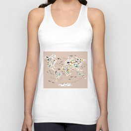 Cartoon world map for children, kids, Animals from all over the world, back to school, rosybrown Tank Top
