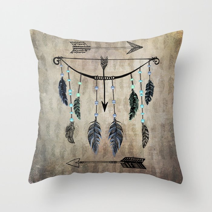 Bow, Arrow, and Feathers Throw Pillow