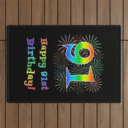 [ Thumbnail: 91st Birthday - Fun Rainbow Spectrum Gradient Pattern Text, Bursting Fireworks Inspired Background Outdoor Rug ]
