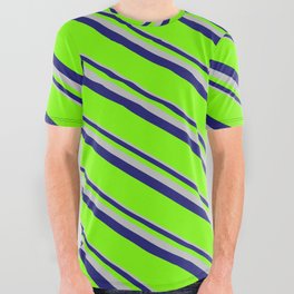 [ Thumbnail: Grey, Midnight Blue, and Green Colored Lined/Striped Pattern All Over Graphic Tee ]