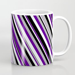 [ Thumbnail: Dark Grey, Indigo, Mint Cream & Black Colored Pattern of Stripes Coffee Mug ]