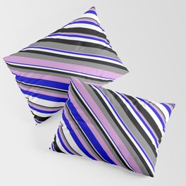 [ Thumbnail: Colorful Grey, Plum, Blue, White, and Black Colored Lined Pattern Pillow Sham ]