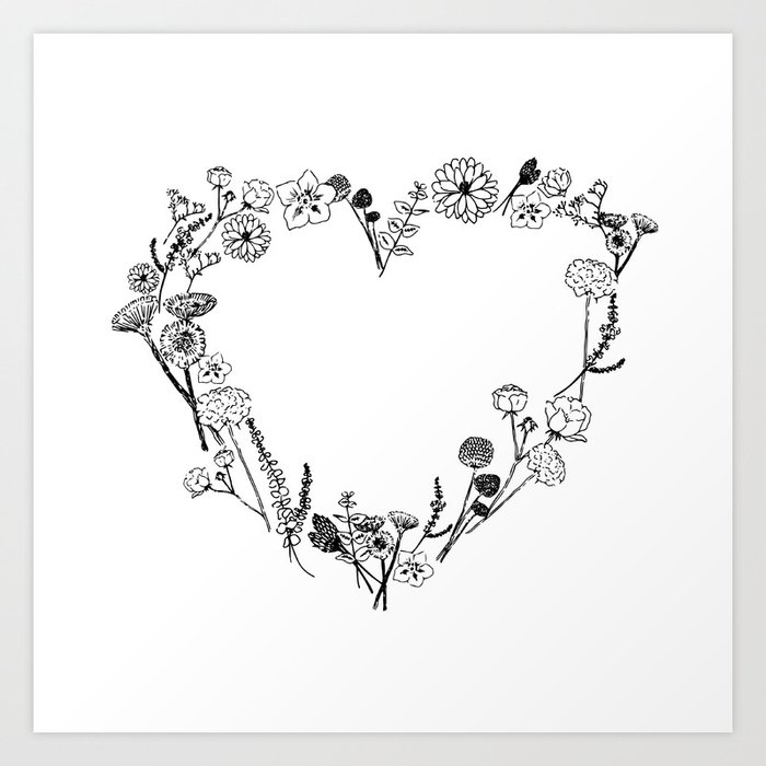 Illustration of a heart in the shape of leaves and flowers Art Print