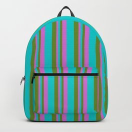 [ Thumbnail: Green, Dark Turquoise, and Orchid Colored Lined/Striped Pattern Backpack ]
